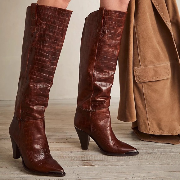 Free People Brown Croc-Embossed Knee-High Boots - Picture 2 of 11